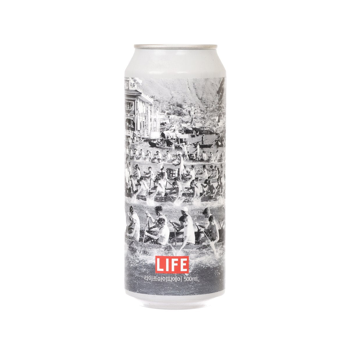IPA beer can with B&W city art and red LIFE label