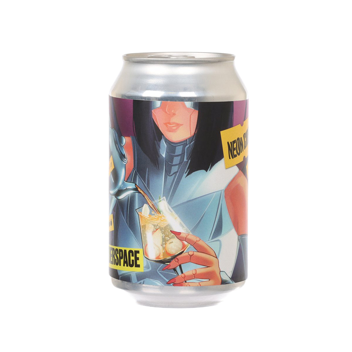 Cider drink can showing comic illustration with NEON CIDER label and hands holding drink