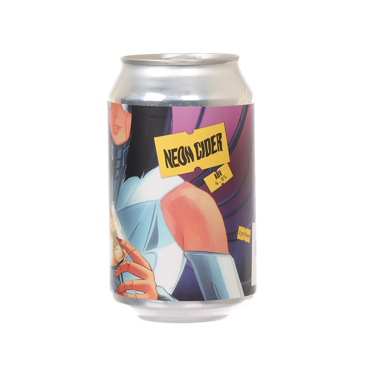 Cider drink can with NEON CIDER label and comic artwork, 4.8% alc.