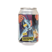Cider drink can with colorful comic label, text CIDERSPACE and NEON CIDER