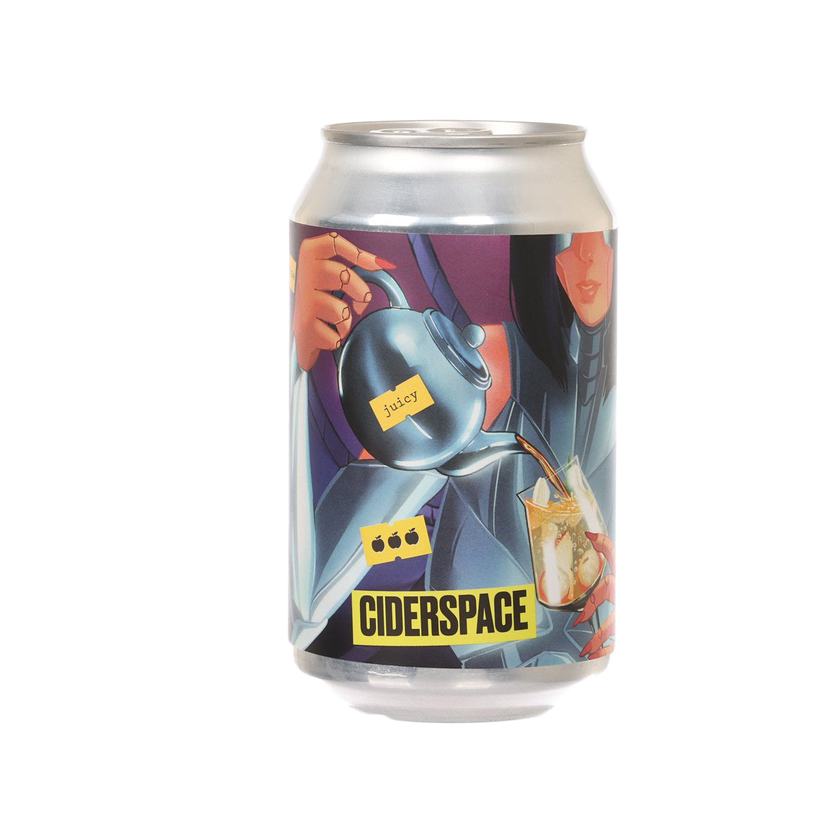 Cider drink can with colorful comic label, text CIDERSPACE and NEON CIDER