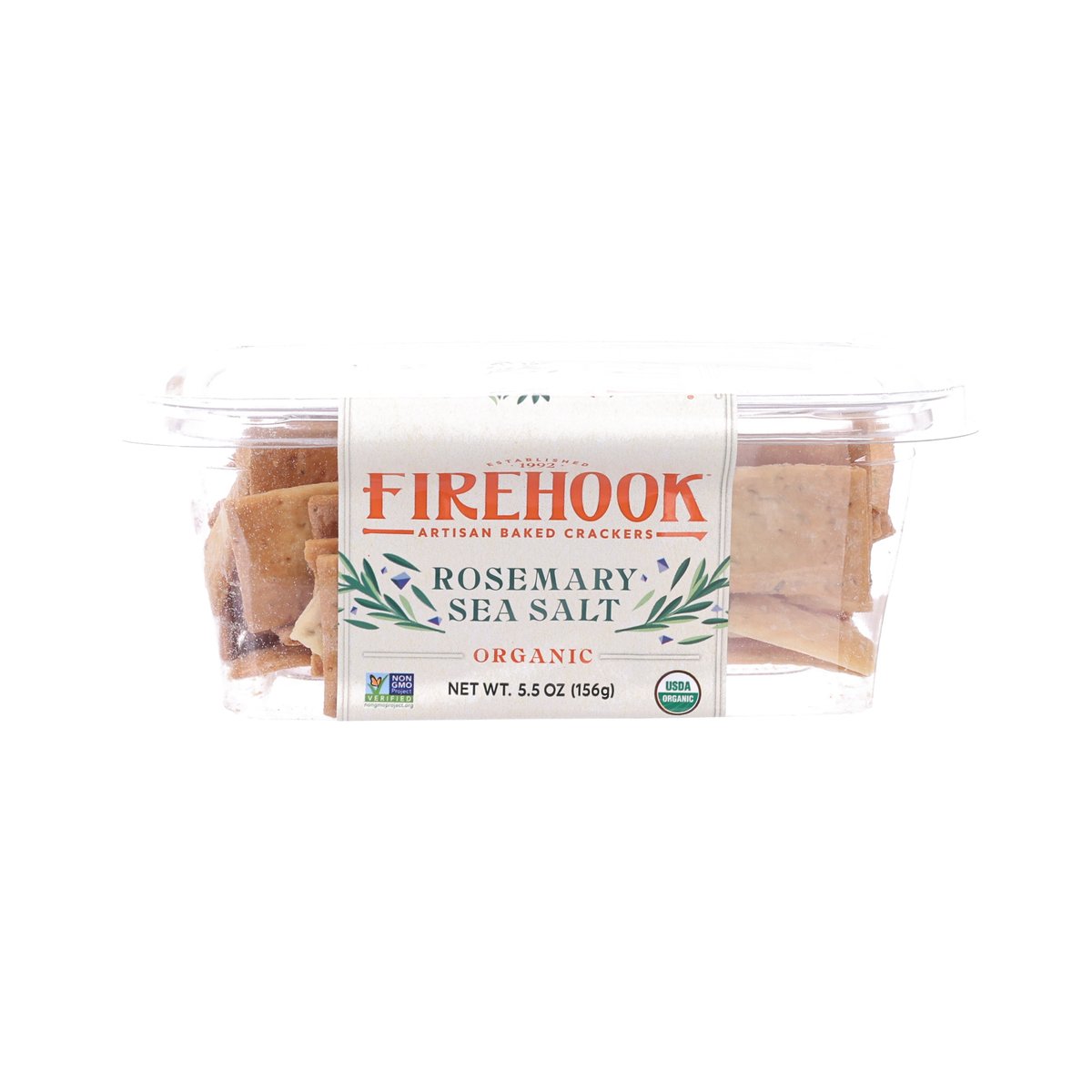 Organic rosemary sea salt crackers tub with FIREHOOK label and clear plastic container