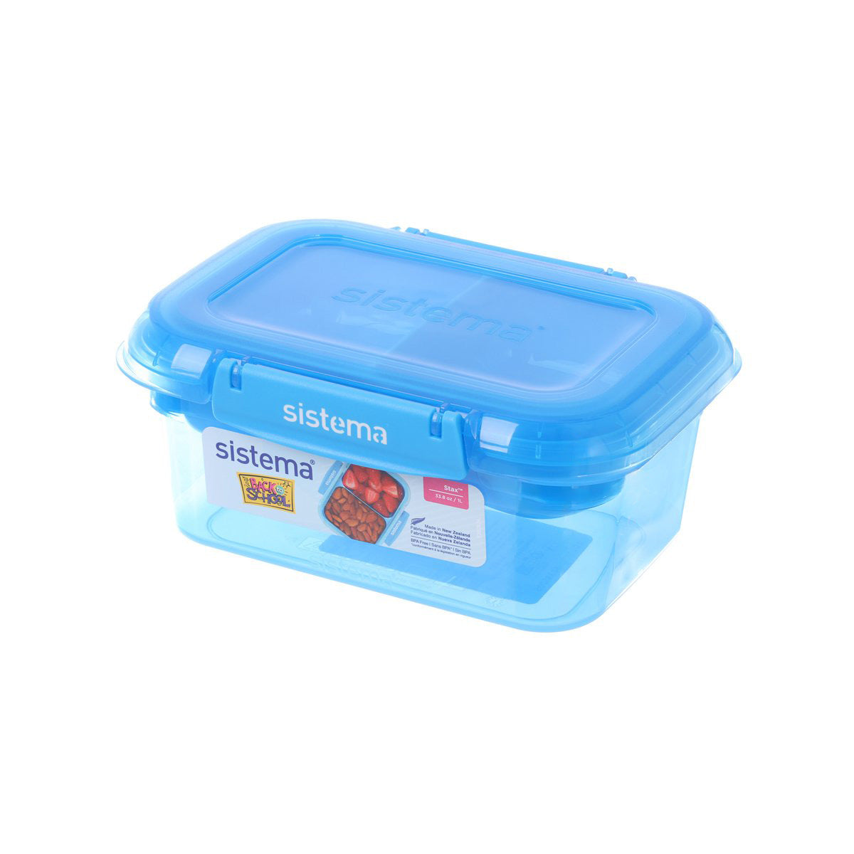 Rectangular 1L food container with blue lid and latching clips, clear plastic base