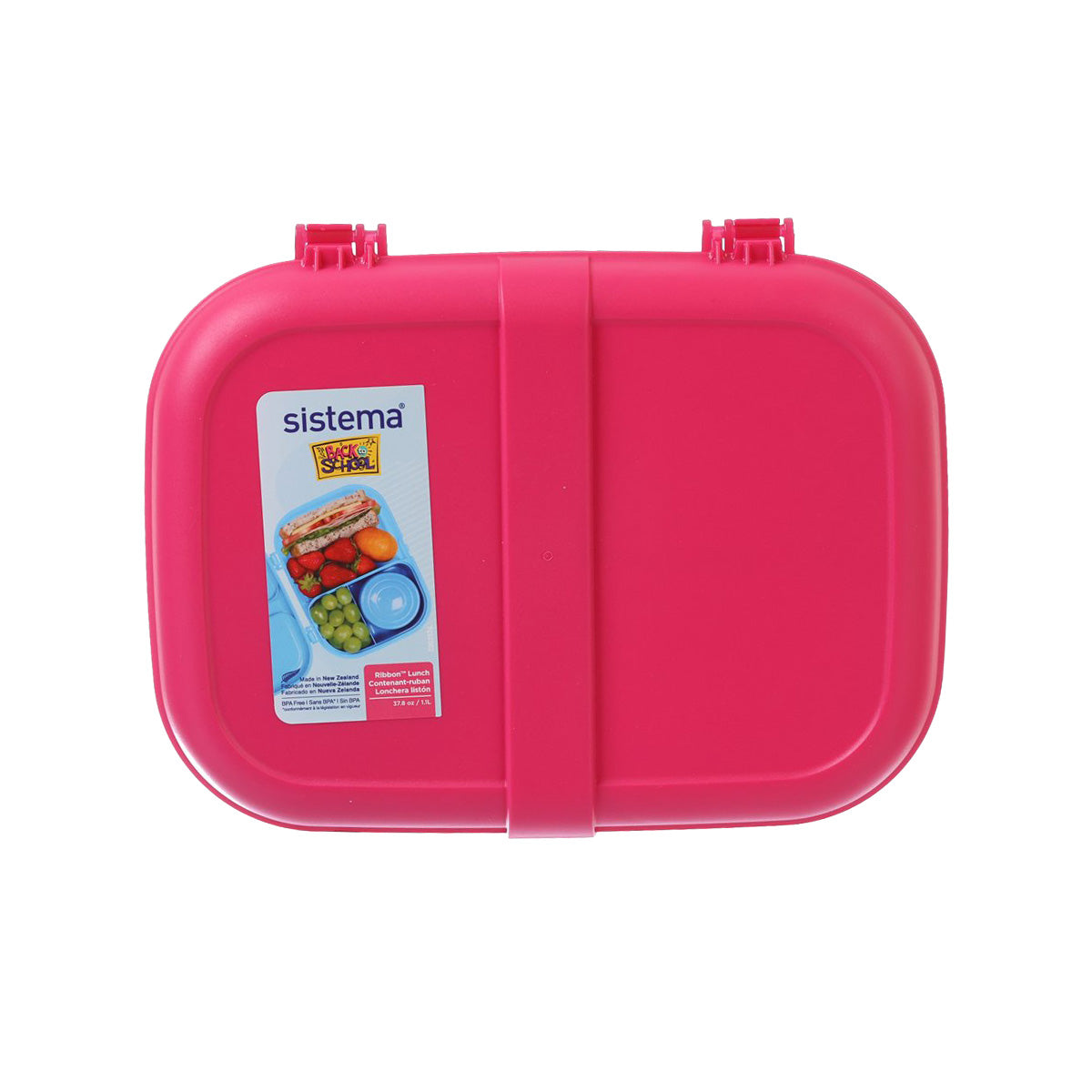 1.1L pink plastic lunch container with hinged lid and twin locking clips