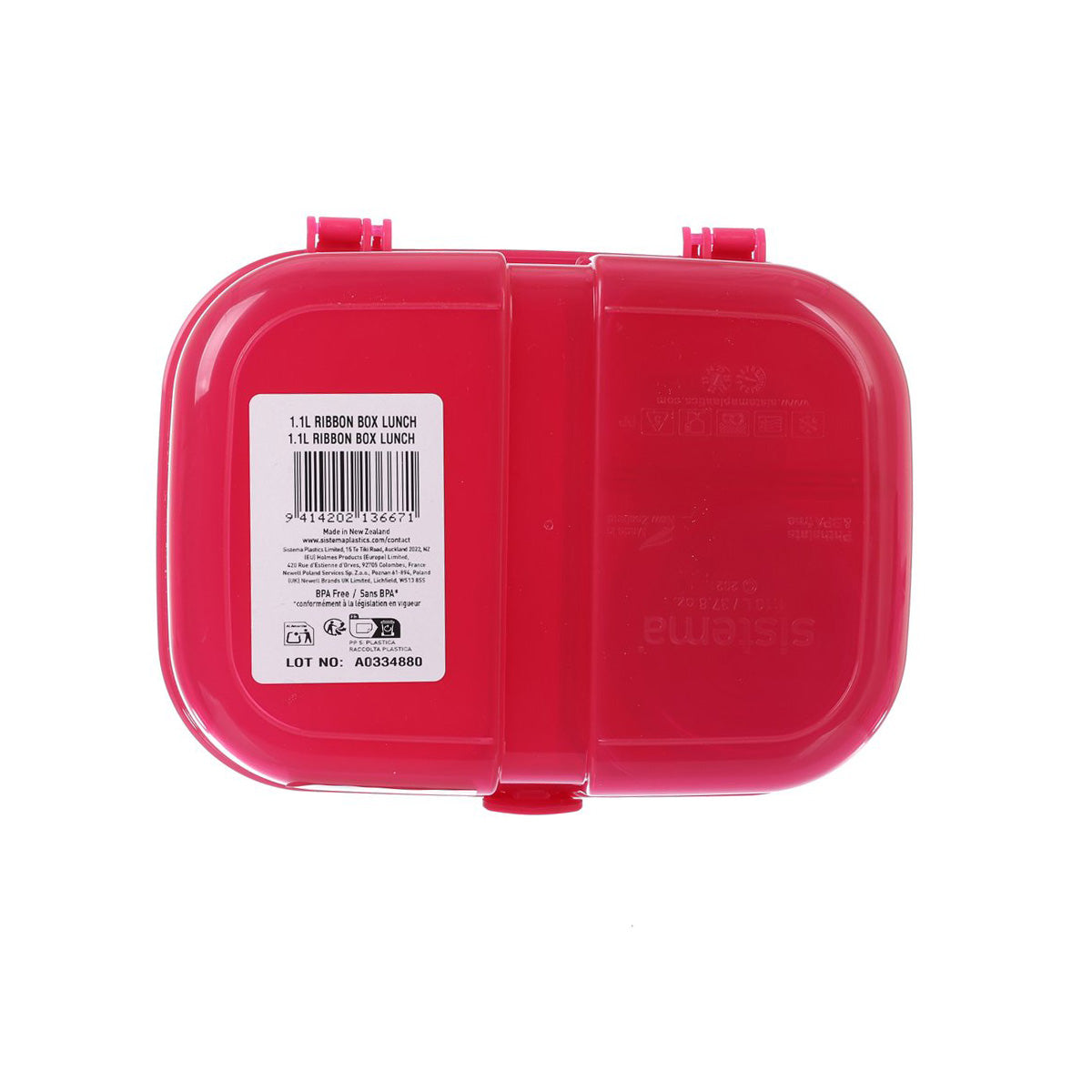 1.1L pink plastic lunch container, underside view with barcode label