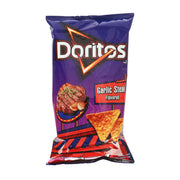 Doritos garlic steak flavored corn chips bag with front logo and chip graphics