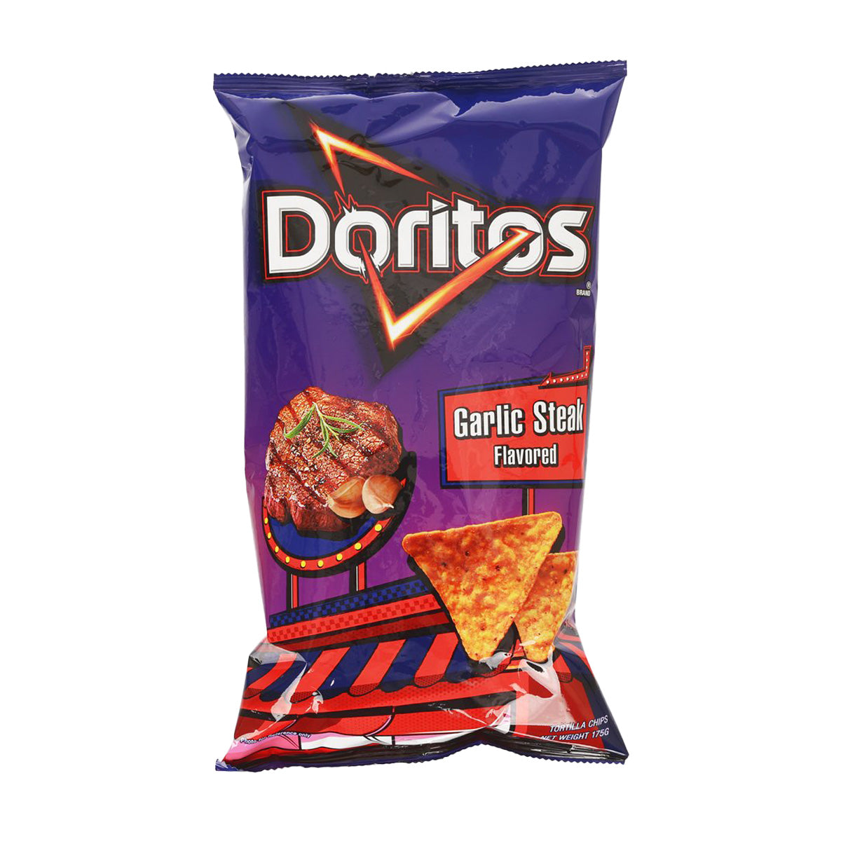 Doritos garlic steak flavored corn chips bag with front logo and chip graphics