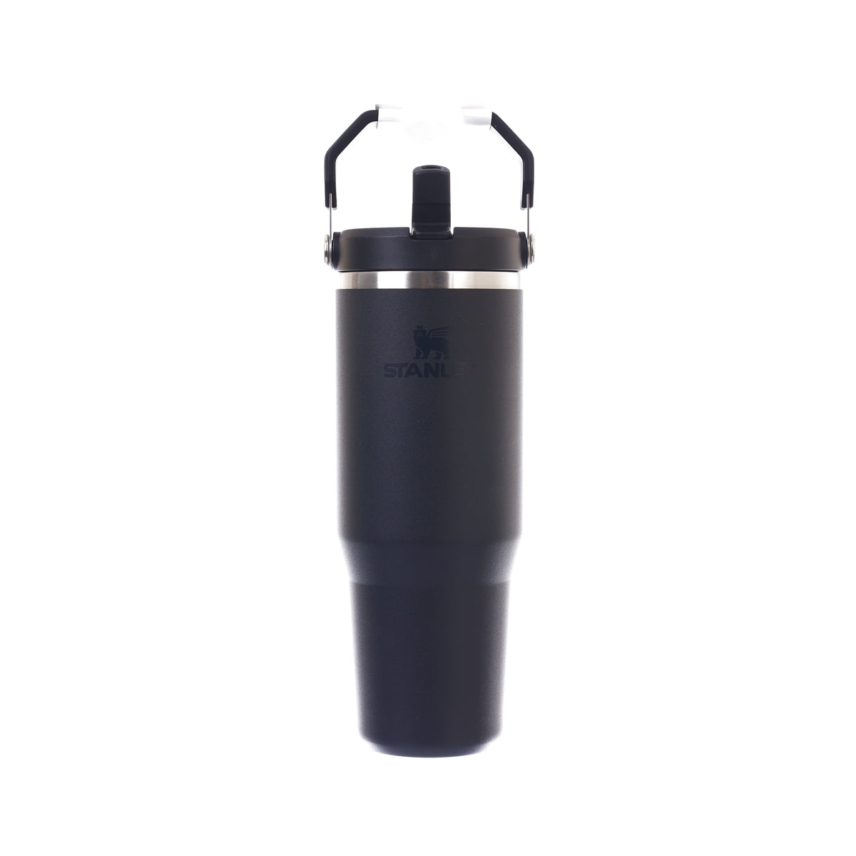Black 30 oz insulated tumbler with flip-straw lid and carry handle.