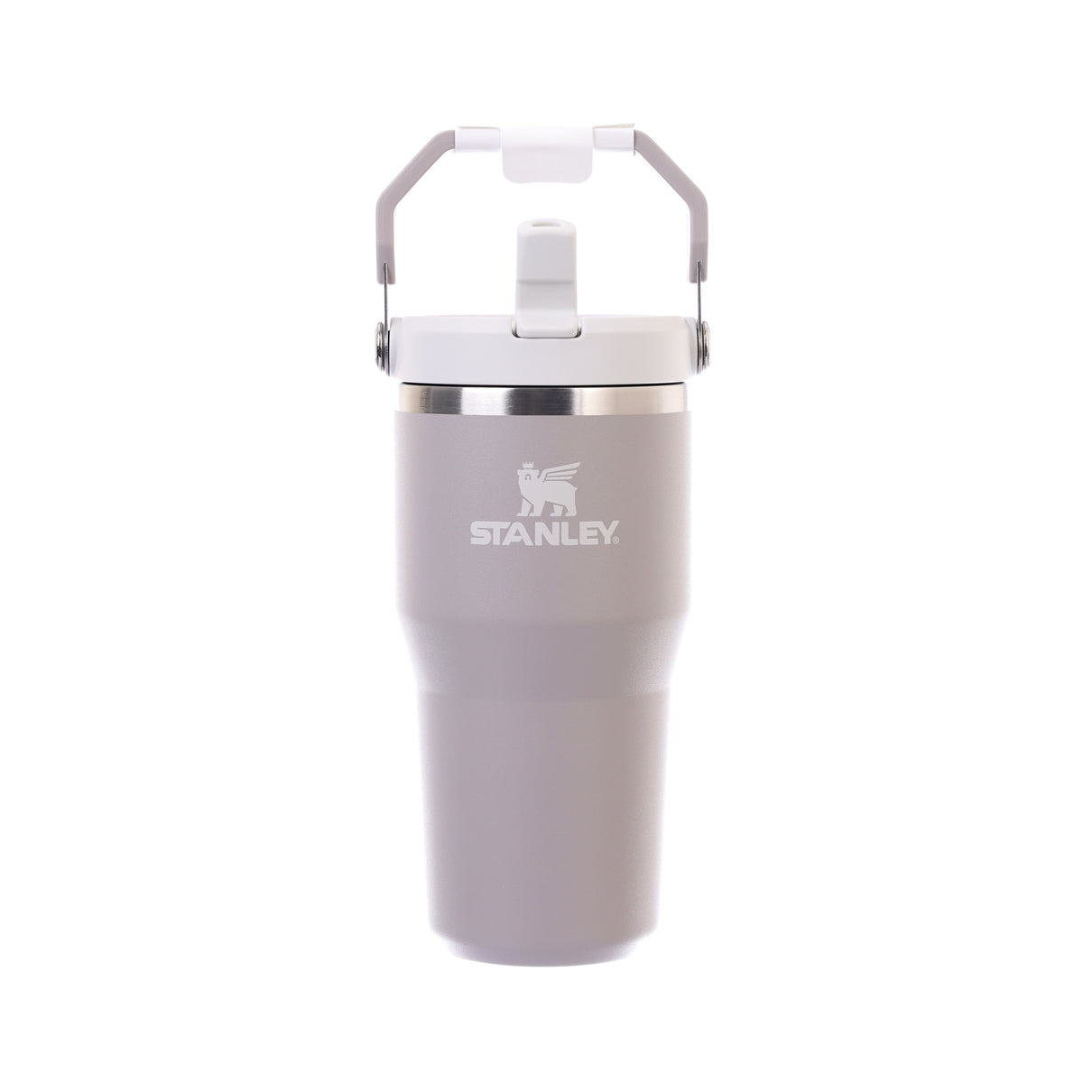 Ash gray insulated flip-straw tumbler with STANLEY logo and hinged lid