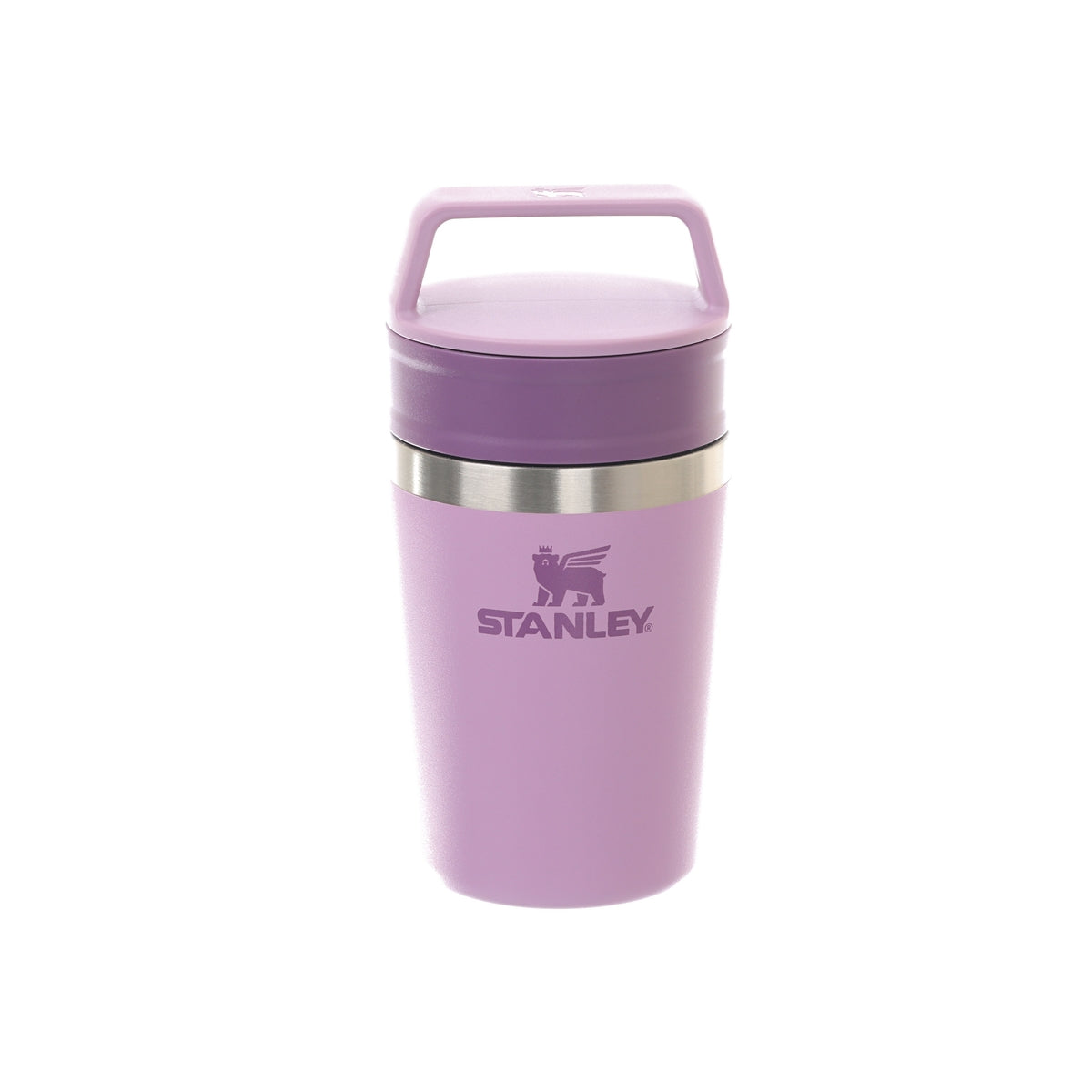 Lilac STANLEY to-go coffee mug with stainless band and flip-top lid
