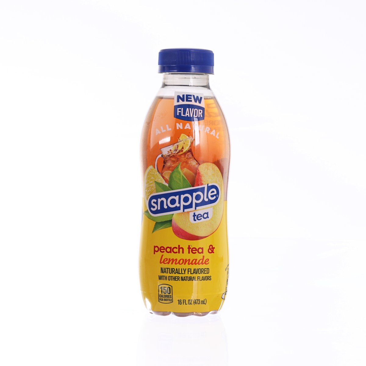 SNAPPLE peach tea lemonade plastic bottle with blue cap, front label view