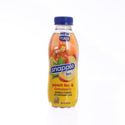 SNAPPLE peach tea lemonade plastic bottle with blue cap, front label view