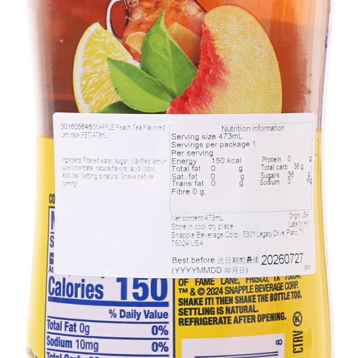 SNAPPLE peach tea lemonade bottle close-up of nutrition facts and calories label