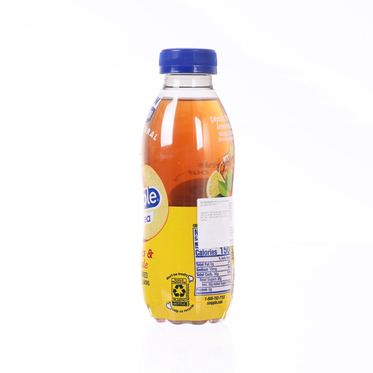 SNAPPLE peach tea lemonade plastic bottle with blue cap, side label view