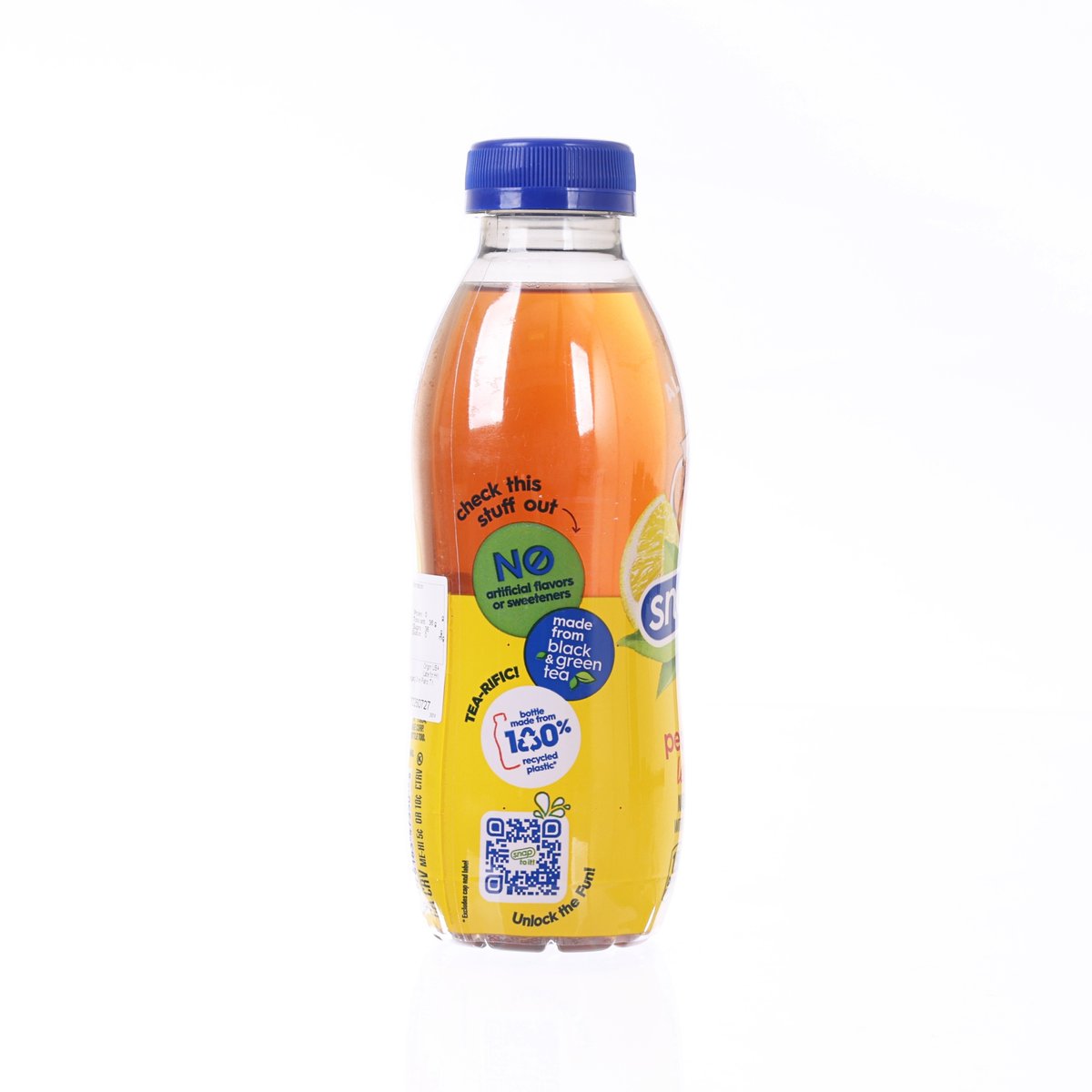 SNAPPLE peach tea lemonade plastic bottle with blue cap, back label view