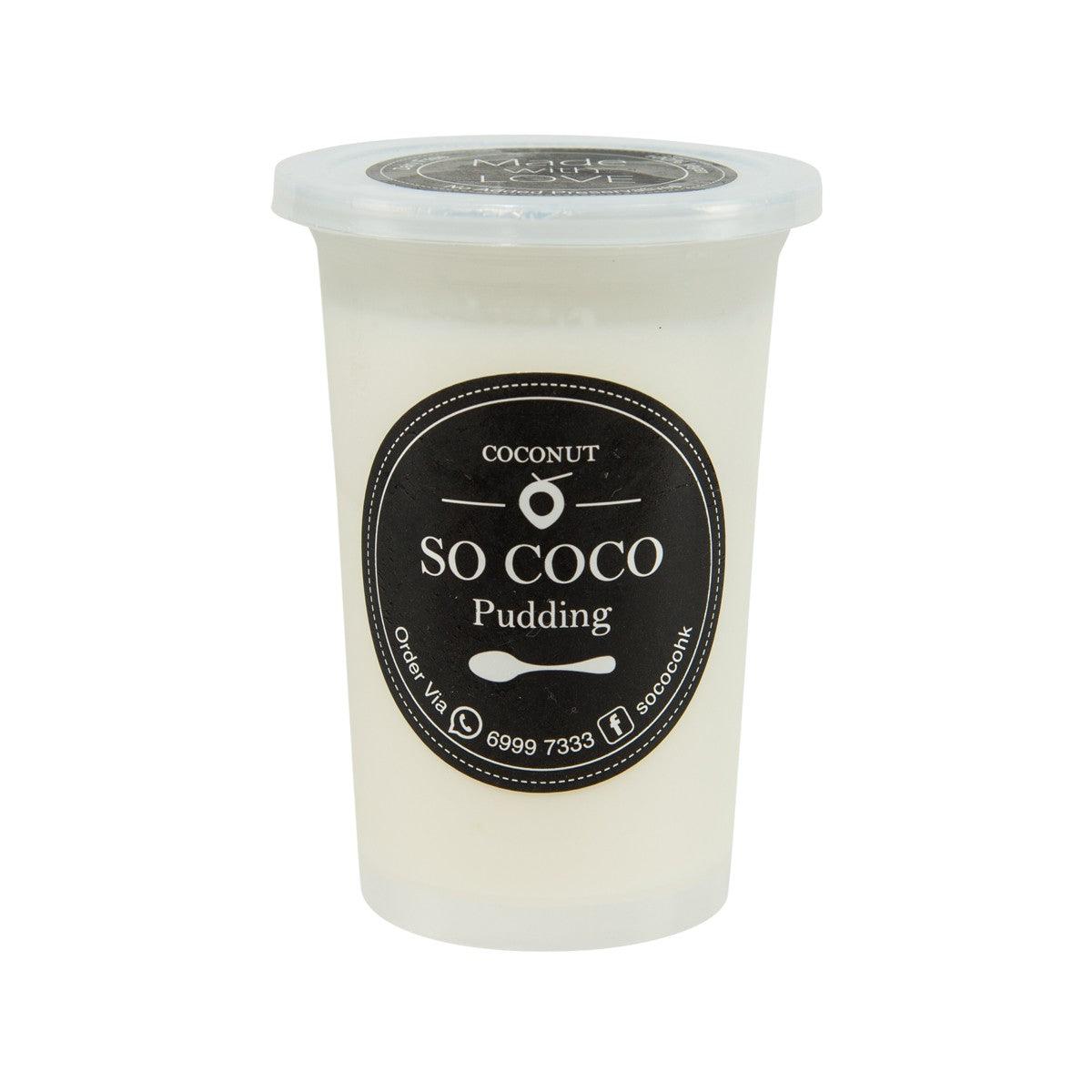 Coconut pudding cup in clear plastic container with SO COCO Coconut label