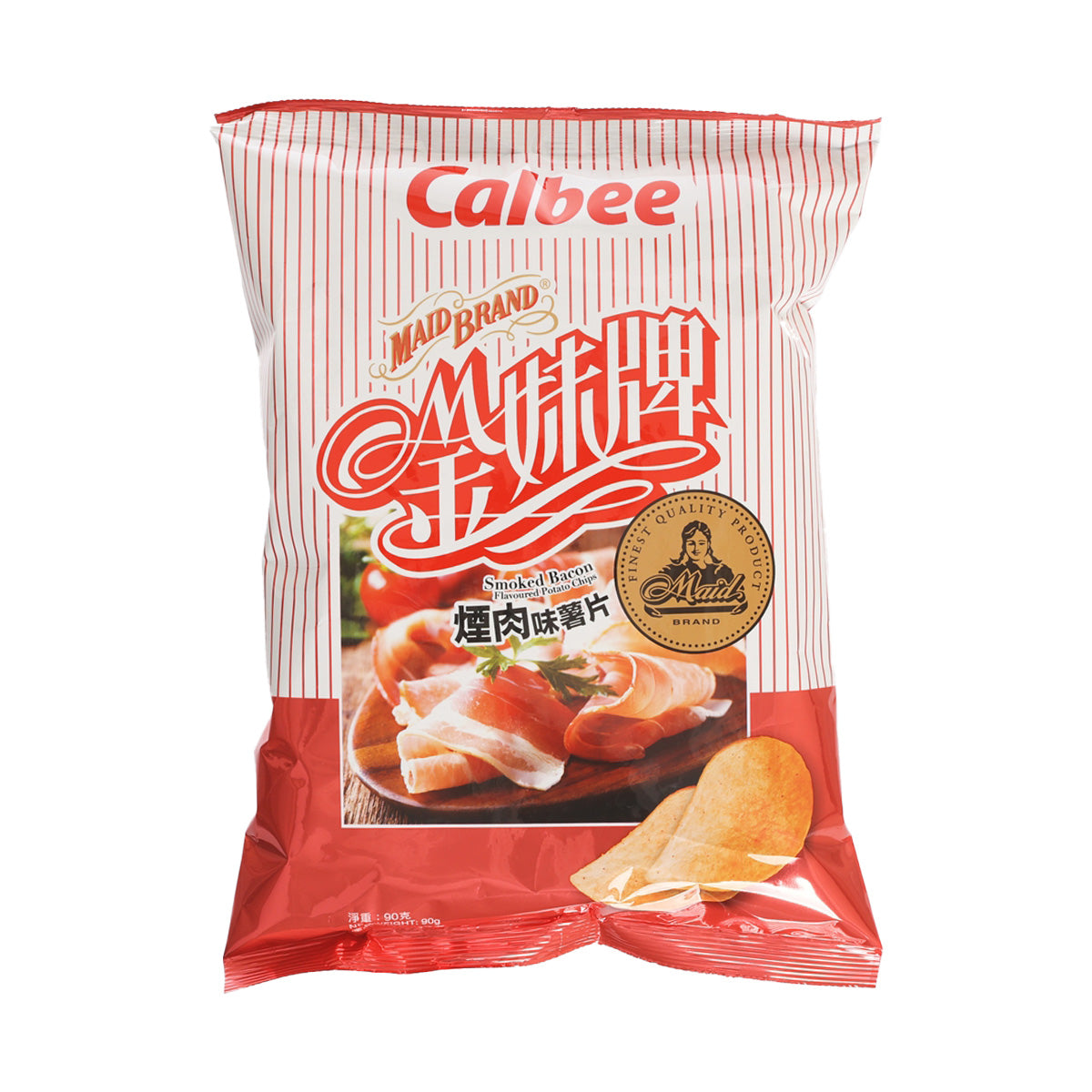 Calbee smoked bacon potato chips bag, red-striped front with logo and chips