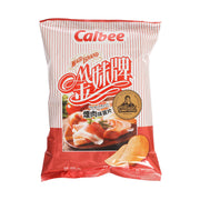 Calbee smoked bacon potato chips bag, red-striped front with logo and chips
