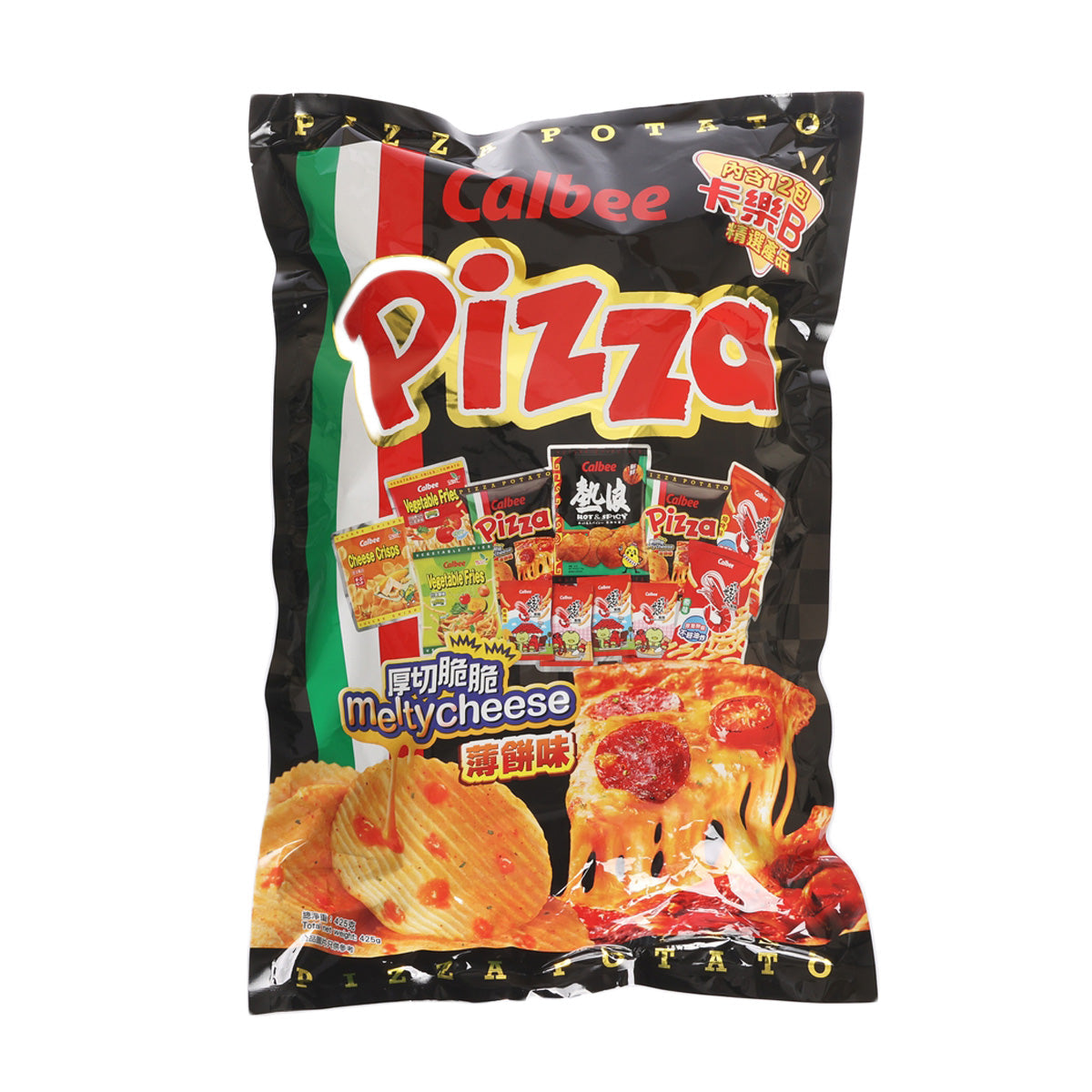 CALBEE giant pack pizza-flavored snack bag with cheese and pepperoni graphics