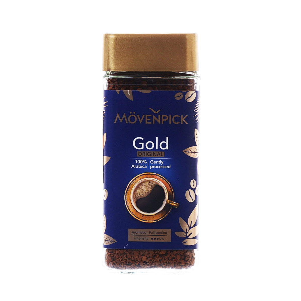 Instant coffee jar MOVENPICK Gold Original, blue label with coffee cup graphic