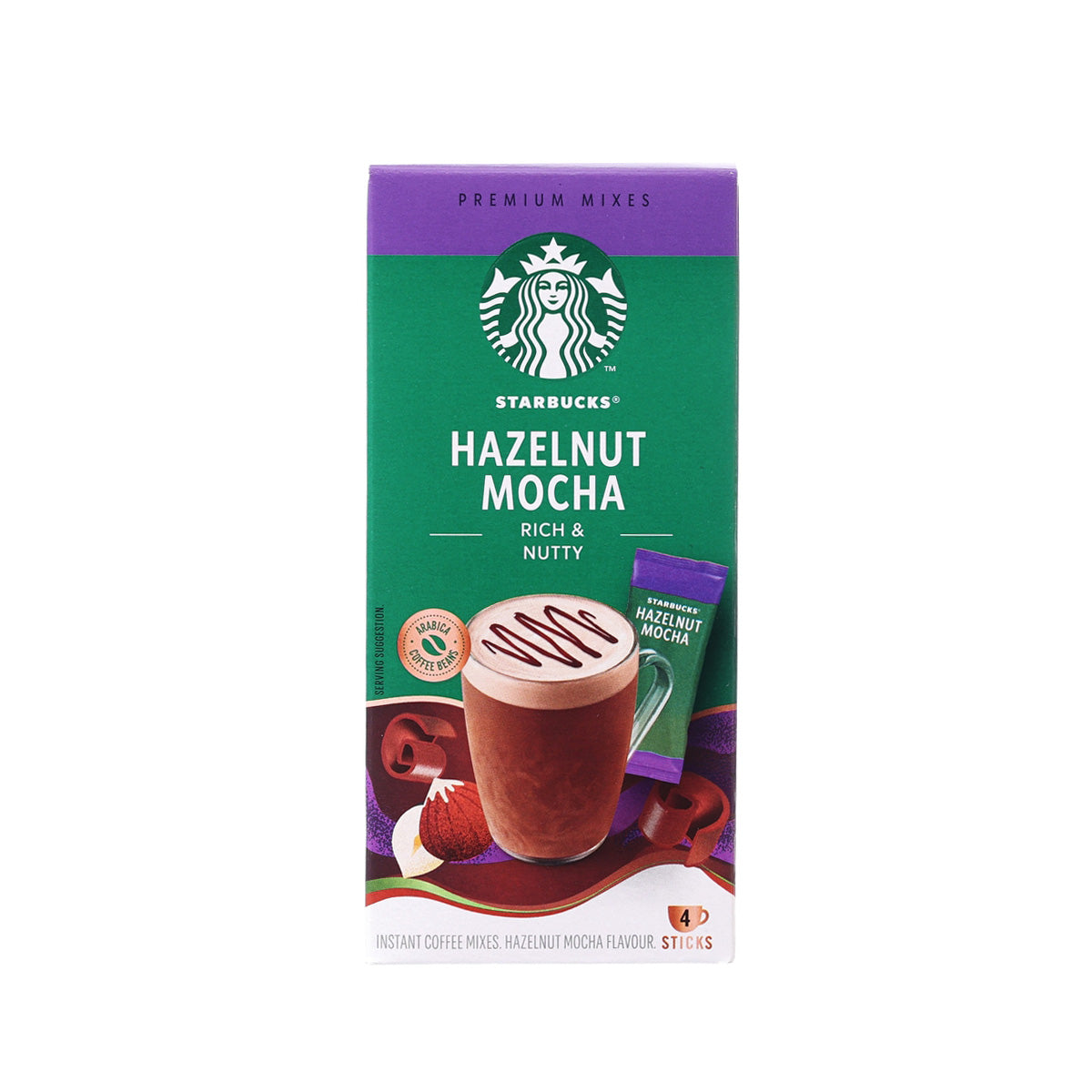 STARBUCKS Hazelnut Mocha instant coffee mix box, purple and green front with cup graphic