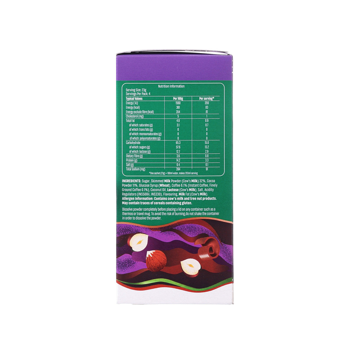STARBUCKS Hazelnut Mocha instant coffee mix box back panel with ingredient and nutrition table
