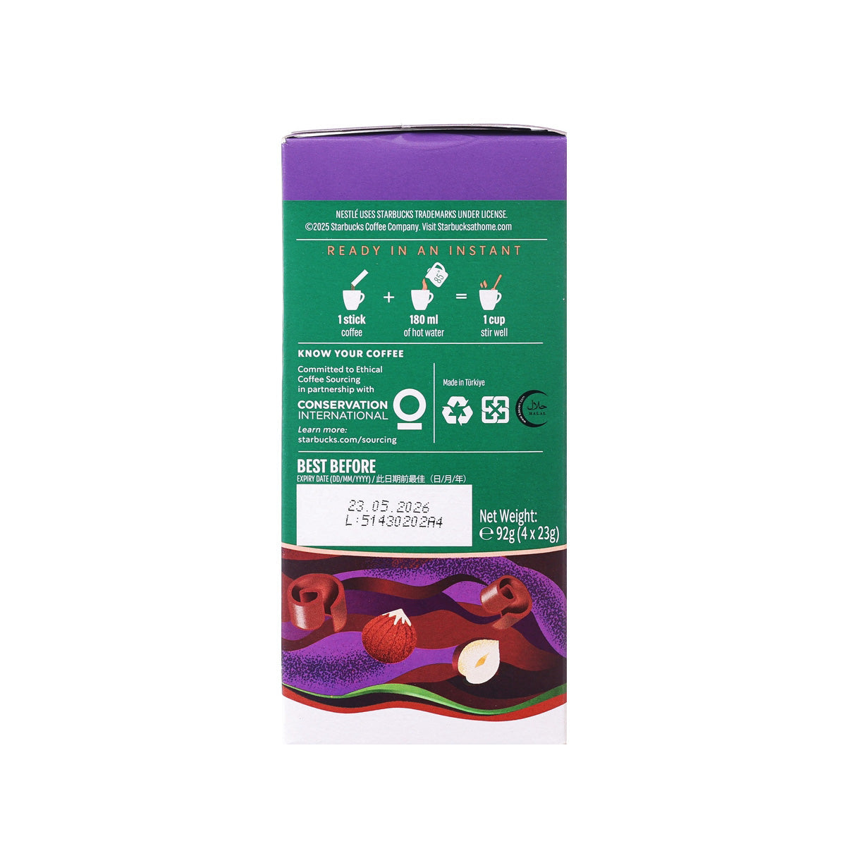 STARBUCKS Hazelnut Mocha instant coffee mix box back with serving info and recycling icons