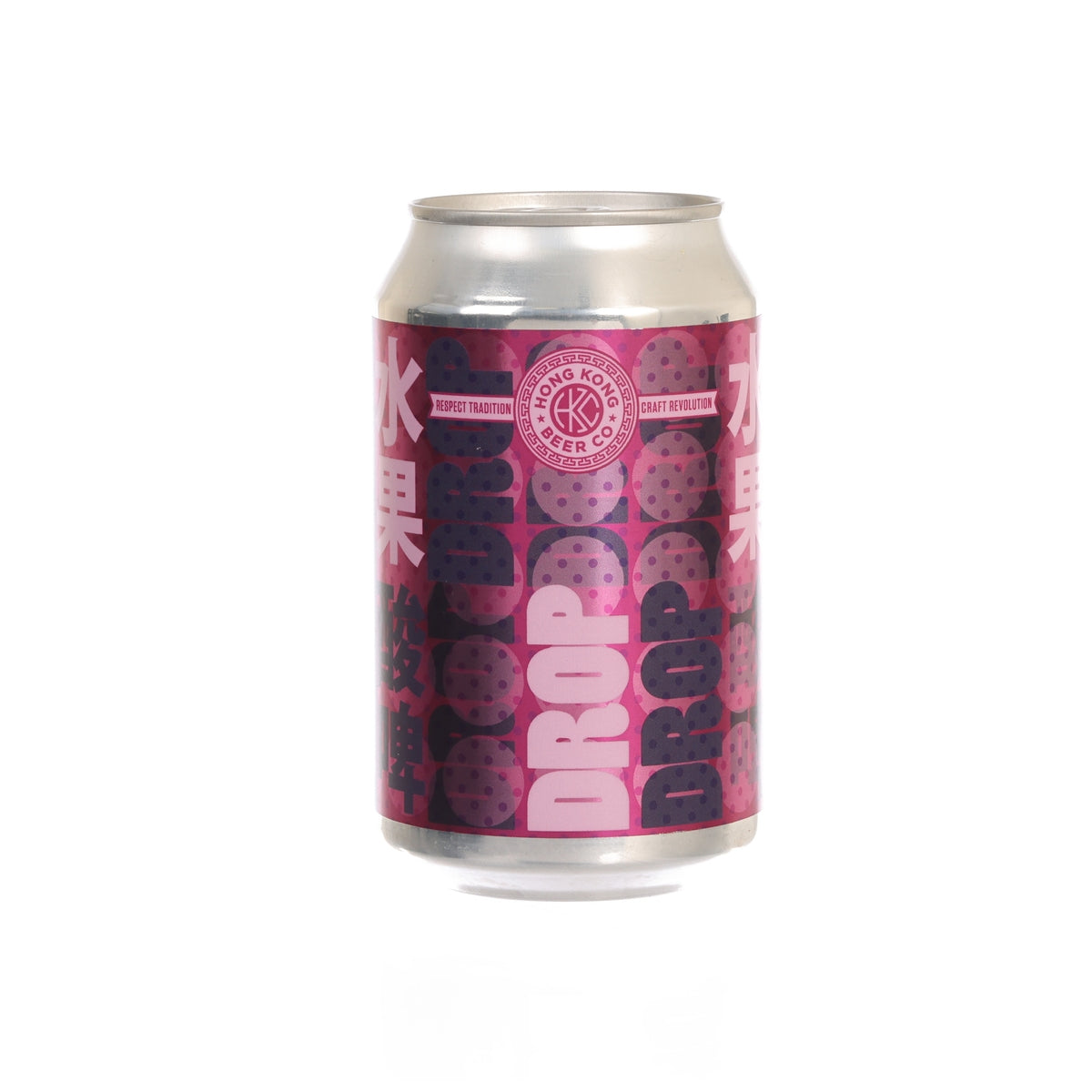 Purple beer can showing 'DROP' graphic and HONG KONG BEER CO branding