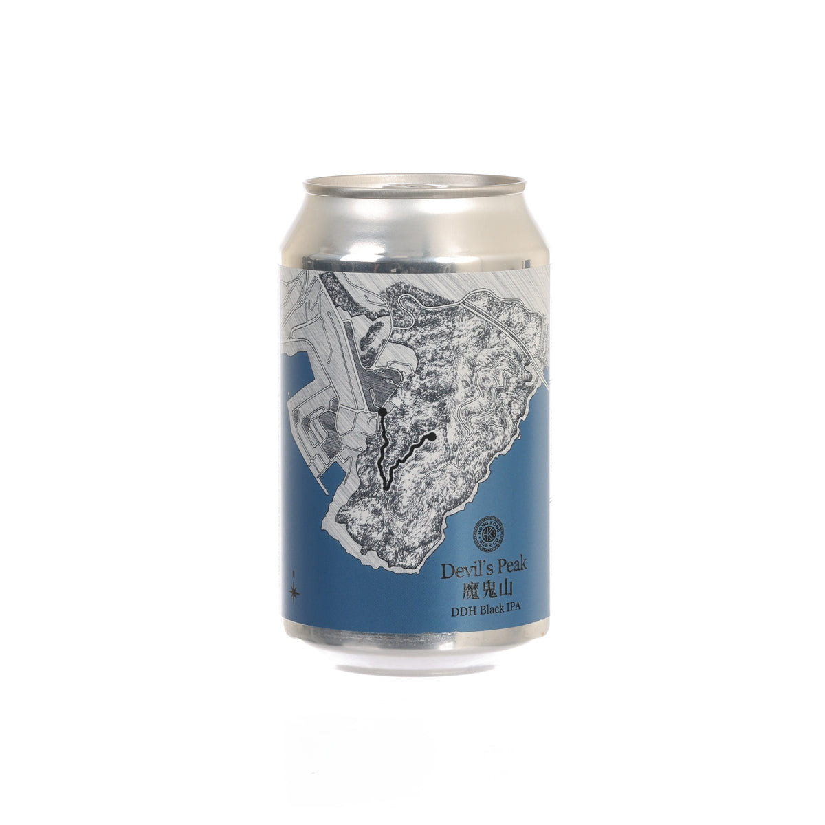 Beer can with blue base and white illustrated label, silver top.