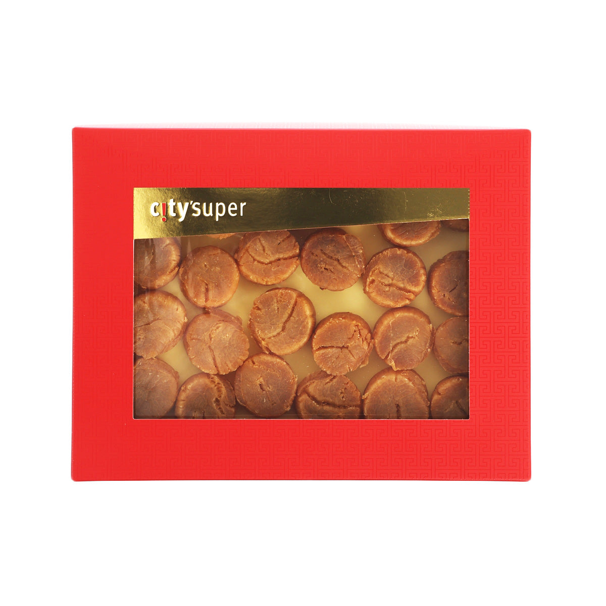 Red scalloped gift box with gold window showing round cookies