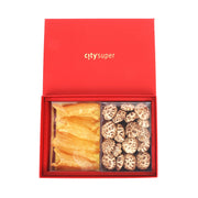Dried fish maw and shiitake mushroom gift box, open with two food compartments