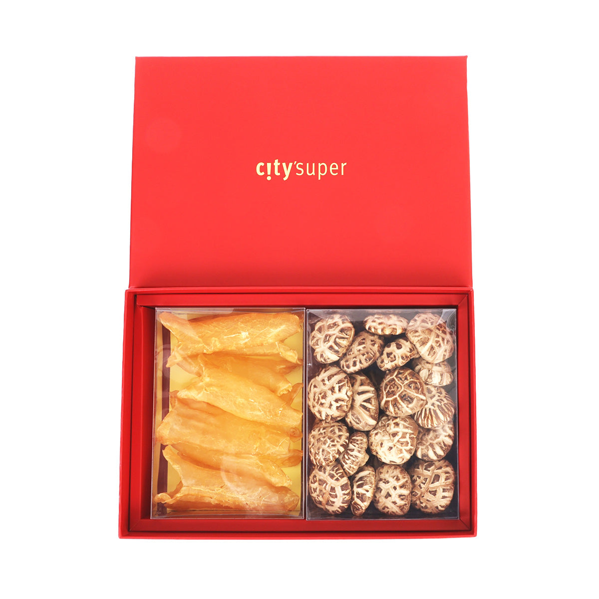 Dried fish maw and shiitake mushroom gift box, open with two food compartments