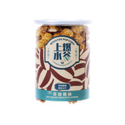 Soy sauce chicken flavored popcorn jar with blue band and clear lid