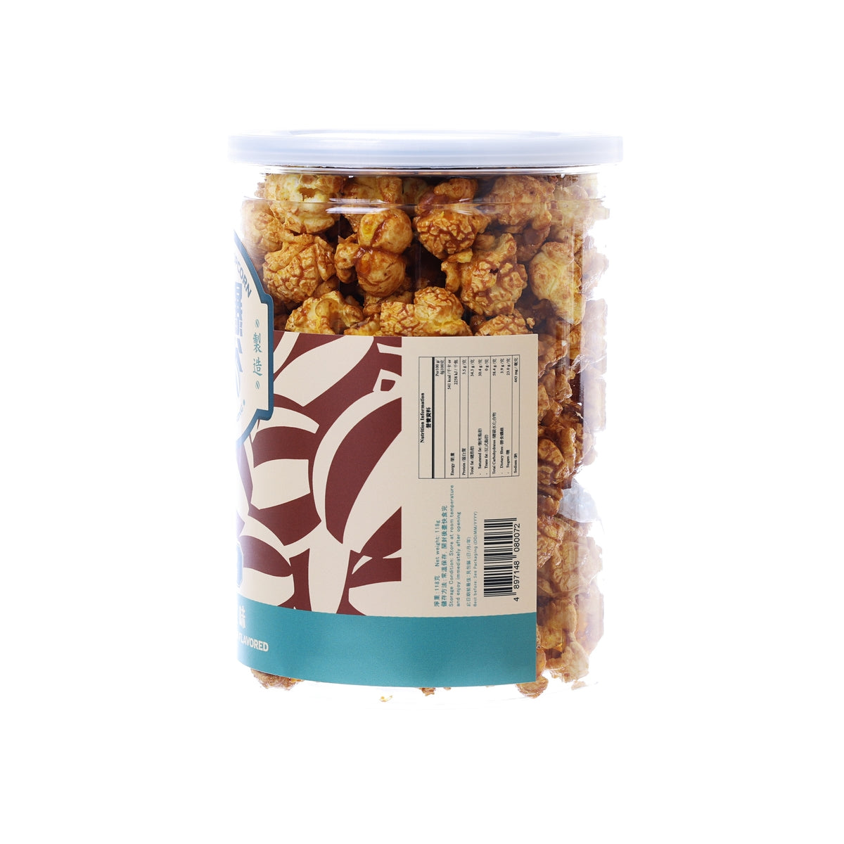 Soy sauce chicken flavored popcorn jar back with barcode and nutrition label