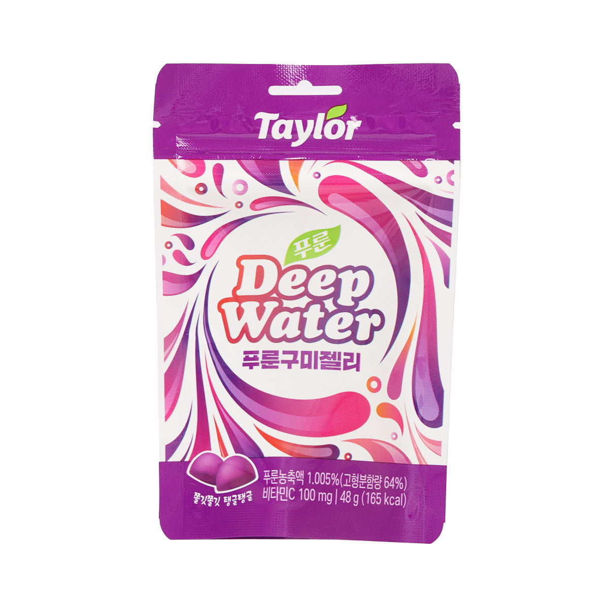 Prune gummy jelly pouch, purple, Taylor Deep Water front label, 48g