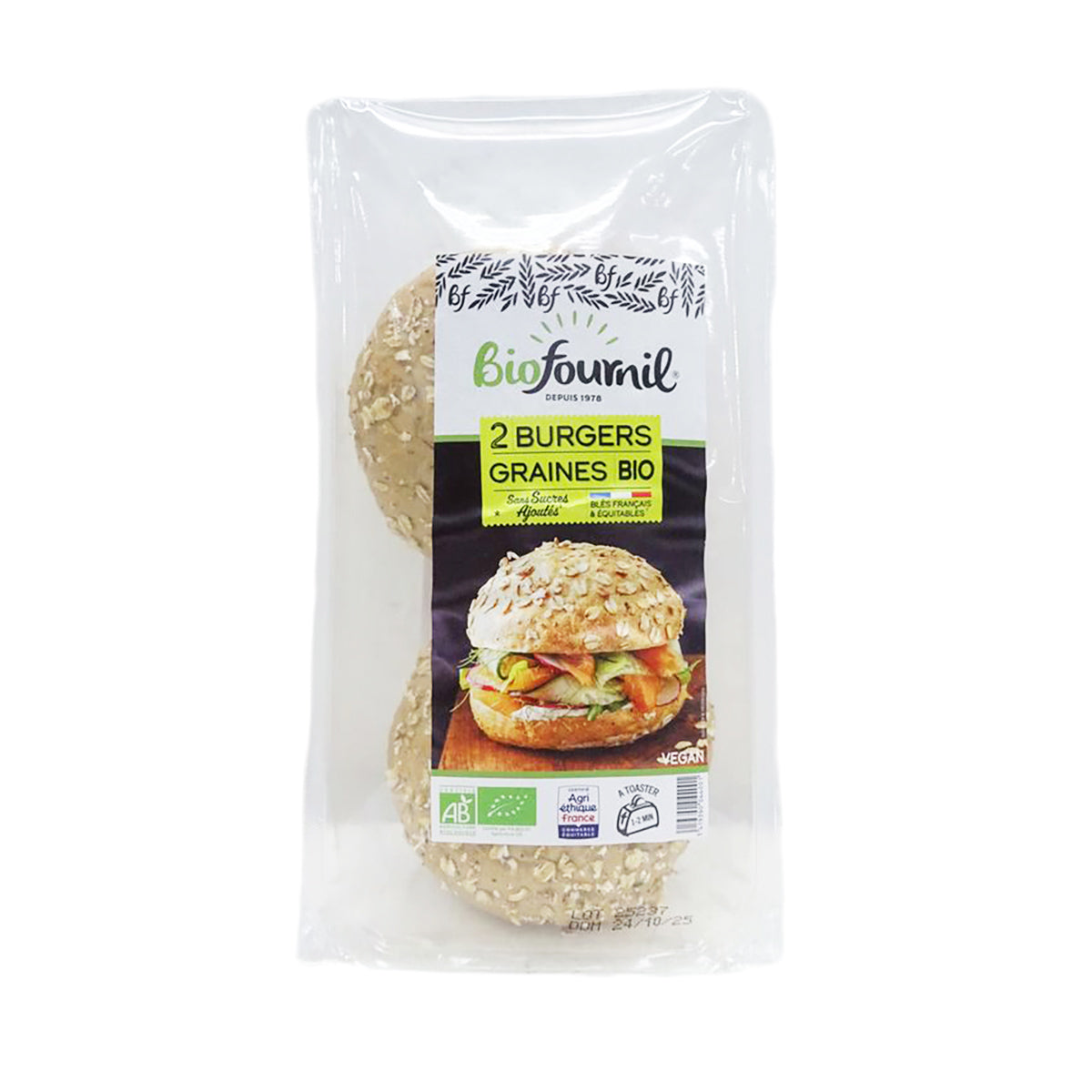 Seed-topped burger bun pack, 2 pieces, in clear bag with bio label