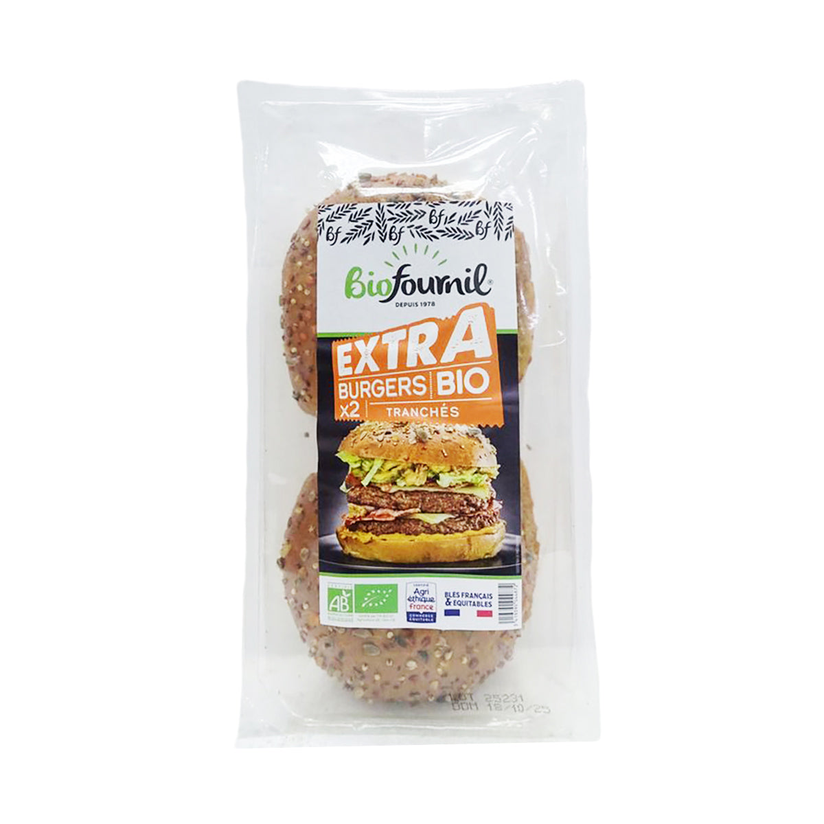 Organic extra brioche burger buns in sealed bag, sesame-speckled tops