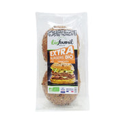 Organic extra brioche burger buns in sealed bag, sesame-speckled tops