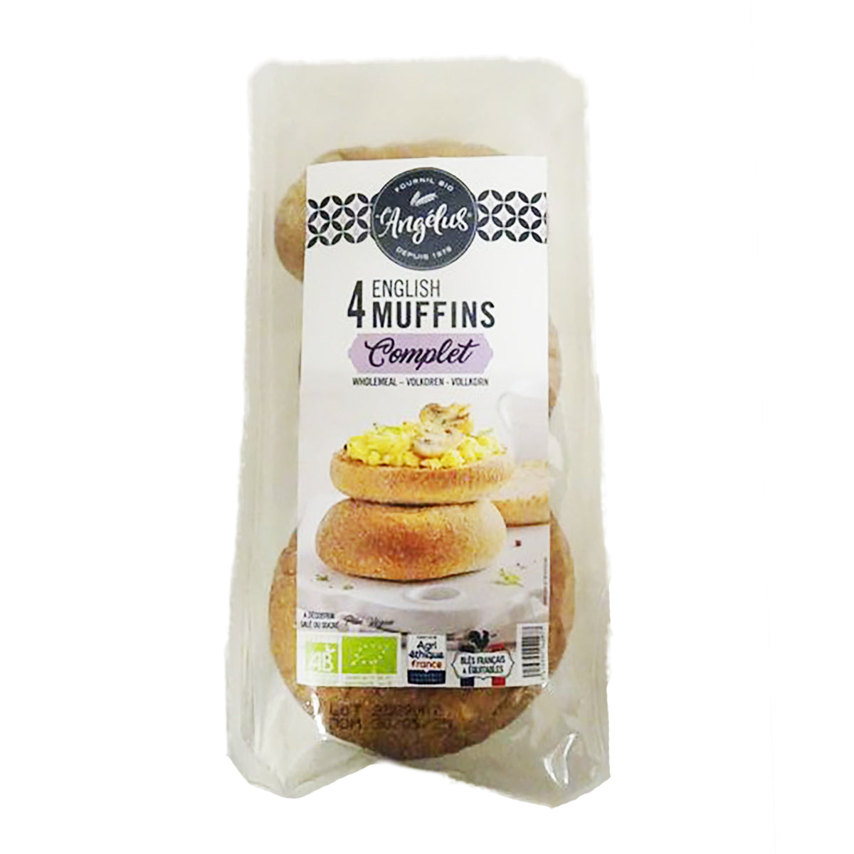 Organic wholemeal English muffin pack with 4 muffins, vacuum sealed