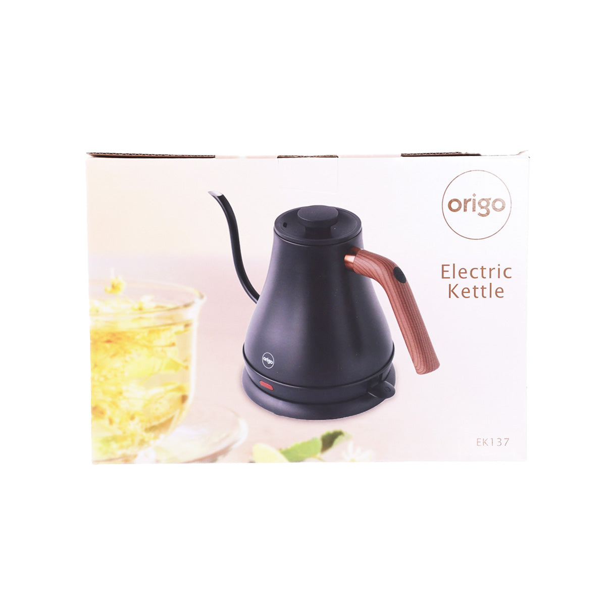 ORIGO electric kettle, black body with curved spout and wood-toned handle
