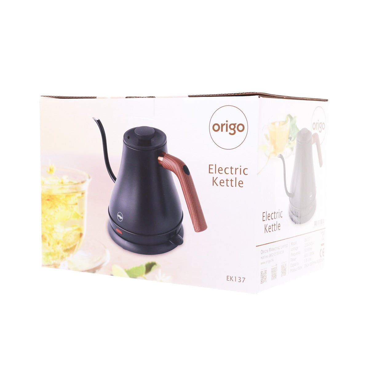 ORIGO electric kettle, black body with wood-toned handle, shown in retail box