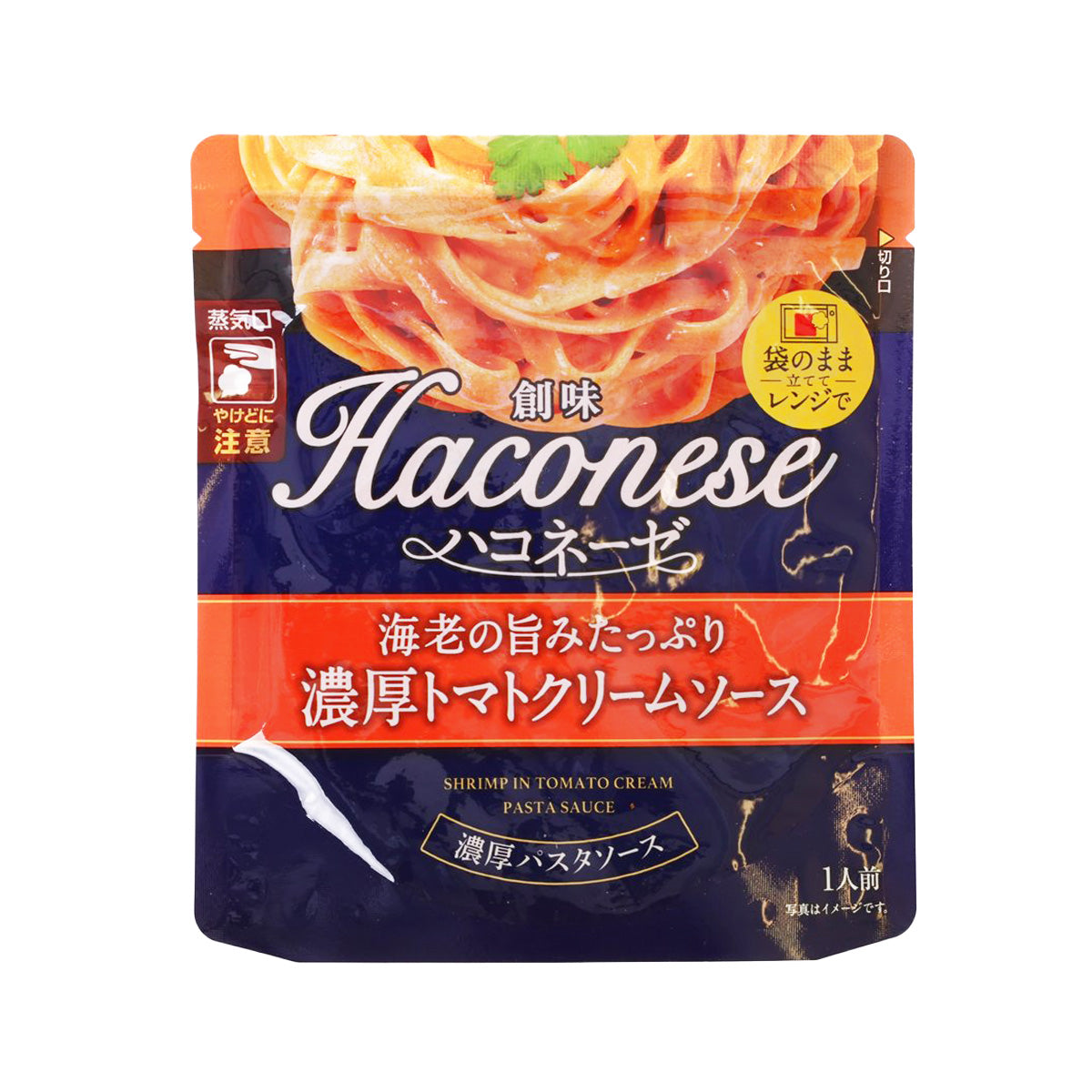 Haconesi shrimp tomato cream pasta sauce pouch, front label with red and blue design