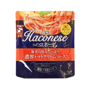 Haconesi shrimp tomato cream pasta sauce pouch, front label with red and blue design