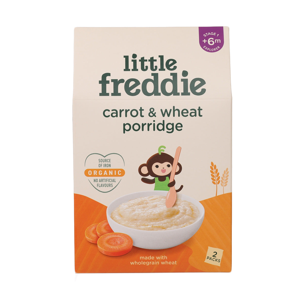 Organic carrot & wheat porridge for 6+ months, 2 packs, with bowl and spoon.