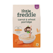 Organic carrot & wheat porridge for 6+ months, 2 packs, with bowl and spoon.