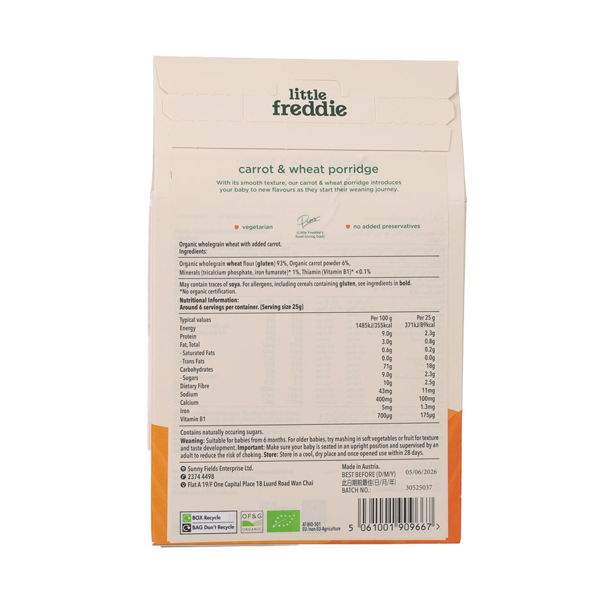 Little Freddie carrot & wheat porridge bag with nutrition and ingredient information.