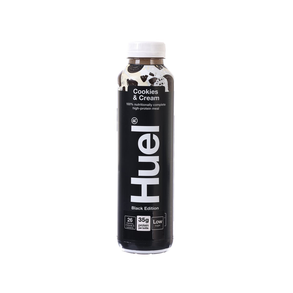 HUEL black meal drink bottle with Cookies & Cream label, 500 mL PET