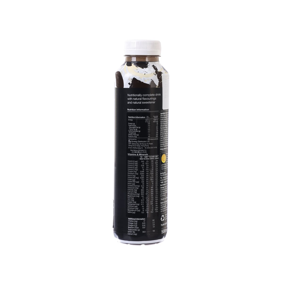 HUEL black meal drink bottle back label, 500 mL PET