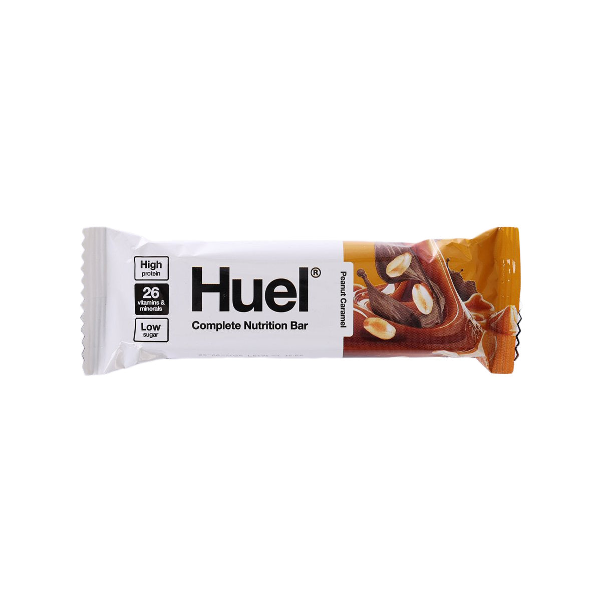 HUEL high-protein snack bar in peanut caramel wrapper, front label visible