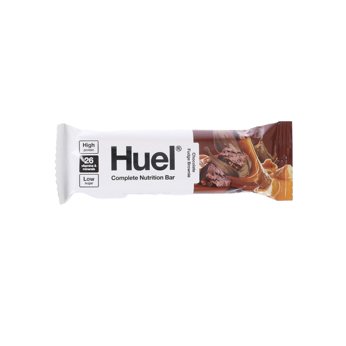 Protein bar in white wrapper with chocolate fudge brownie design